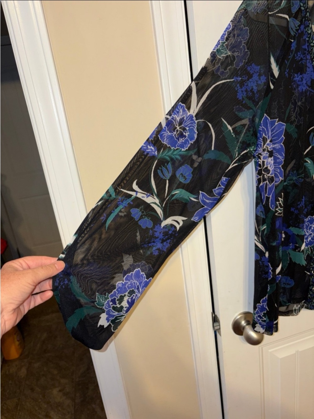 Floral Sheer V-Neck Blouse with Blue & Black Print - Picture 5 of 8